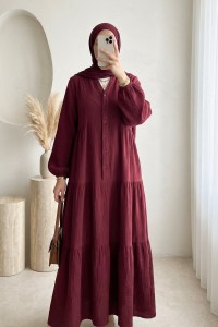 V Yaka Yarım Düğmeli Kolu Lastikli Parçalı Müslin Elbise -Bordo