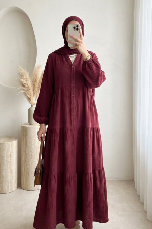 V Yaka Yarım Düğmeli Kolu Lastikli Parçalı Müslin Elbise -Bordo