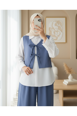 بدلة كتان من قطعتين مع بنطلون وصدرية برباط أمامي -اللون النيلي