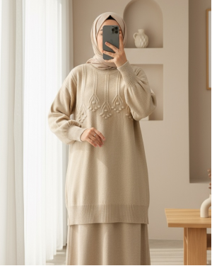 Round Neck Soft Knit Tunic with Stripe and Pompom Detail -Light Mink