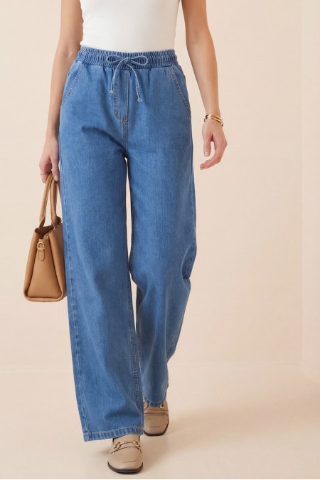Beli Lastikli Cepli Bol Paça Kot Pantolon -Mavi