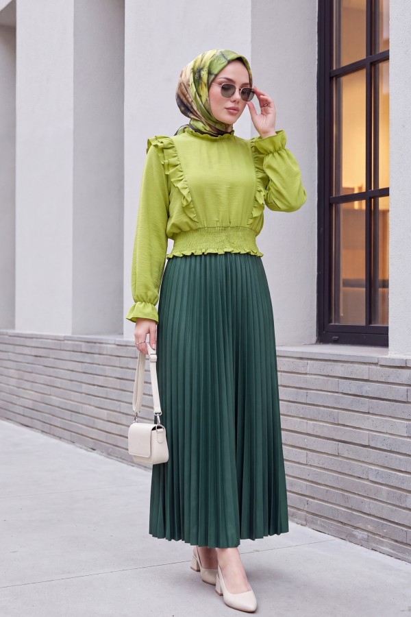 Pleated Elastic Waist Skirt -Emerald