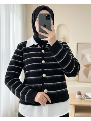 Düğmeli Gömlek Detaylı Triko Hırka -Siyah