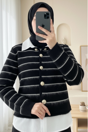 Buttoned Shirt Detailed Knit Cardigan -Black