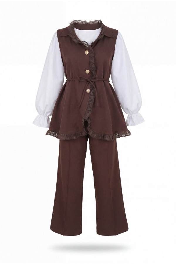Lace-Detailed Belted Vest and Trousers Two-Piece Crepe Set -Brown
