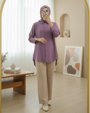 Poplin Shirt with Long Back Buttons -Cherry Color