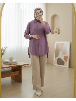 Arkası Uzun Düğmeli Poplin Gömlek -Vişne