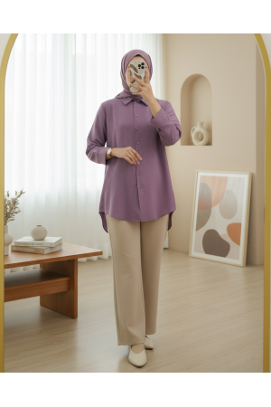 Arkası Uzun Düğmeli Poplin Gömlek -Vişne