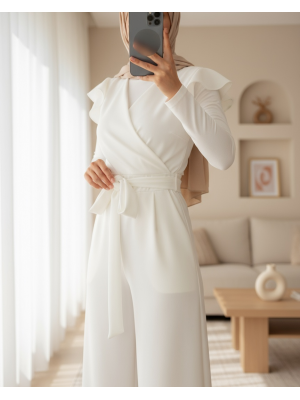 Fermuar Detaylı Fırfırlı Tulum   -Beyaz