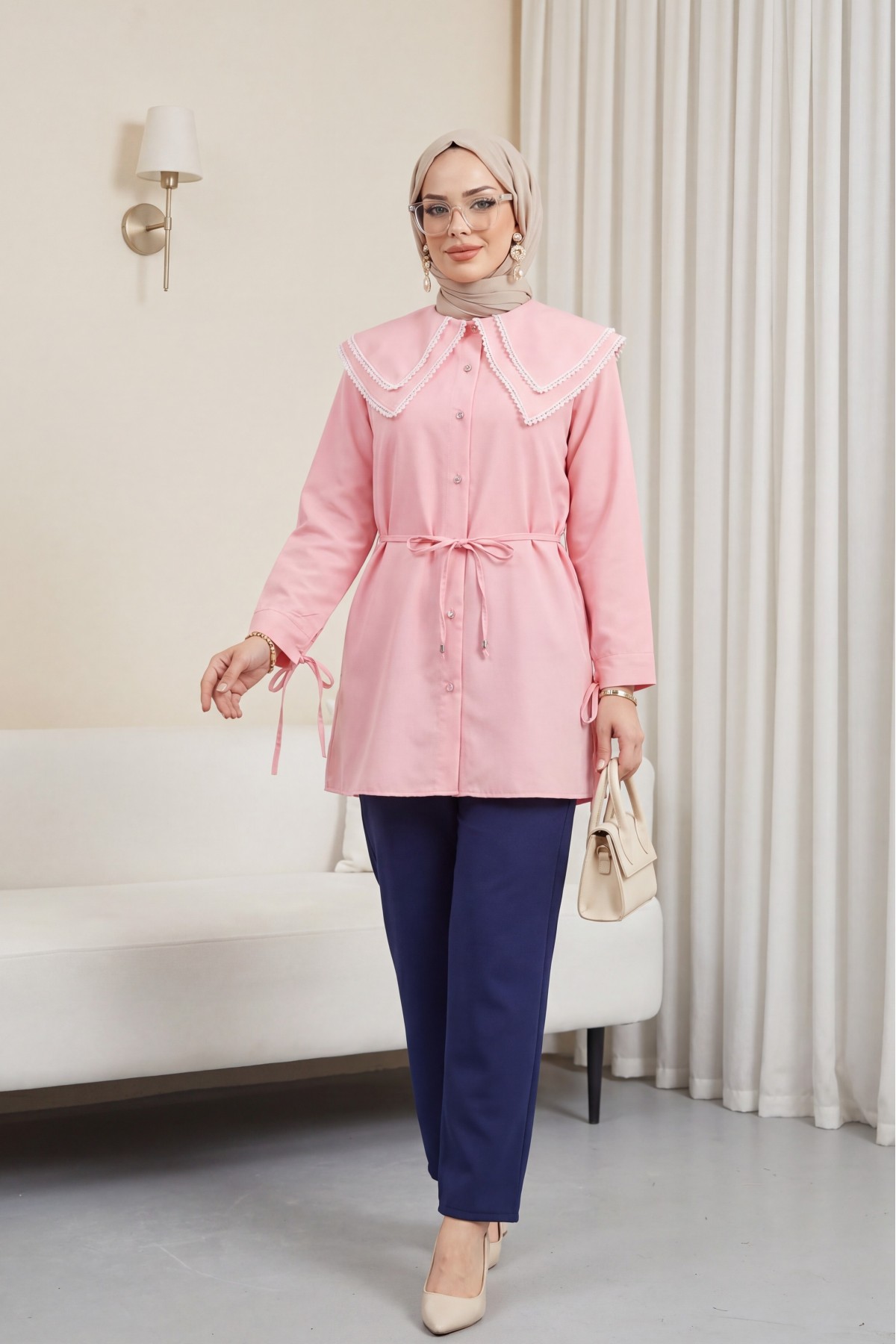 Poplin Tunic with Lace Neckline and Drawstring Waist and Sleeves -Pink detay görseli