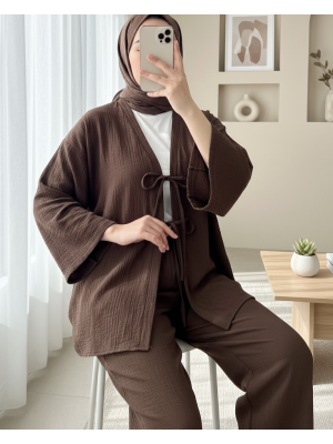 Önü Çift Bağcıklı Pantolonlu Krınkıl Takım -Kahve