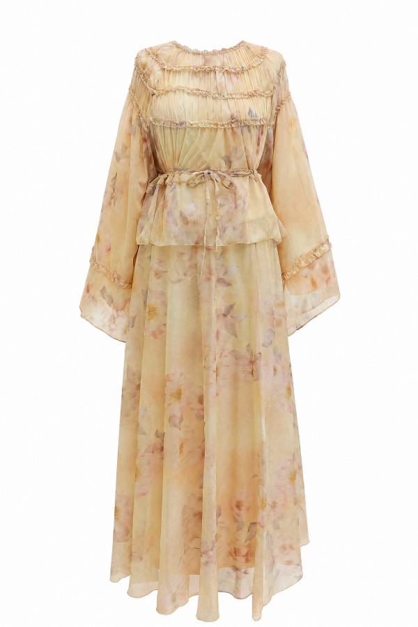 Wide-Sleeved, Over-Sleeved, Patterned, Lined Chiffon Set with Gipel Skirt -Salmon