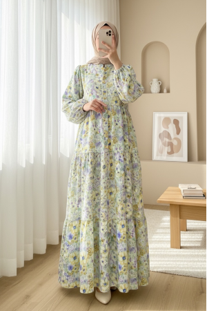 Half-Buttoned Floral Patterned Dress with Elastic Sleeves -LIGHT GREEN