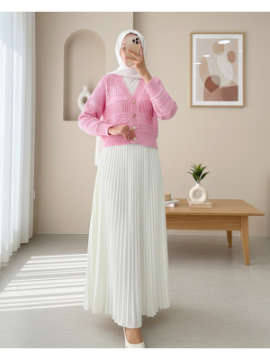 Ajurlu Düğmeli Triko Hırka -Pembe