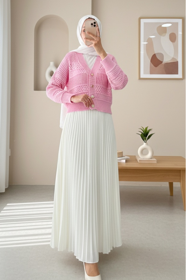 Openwork Buttoned Knitted Cardigan -Pink