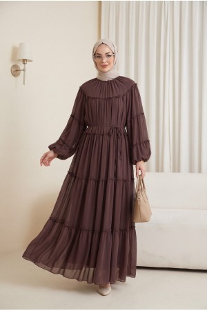 Kolu Lastikli Beli Bağlamalı Katlı Fırfır Detaylı Elbise   -Gül Kurusu