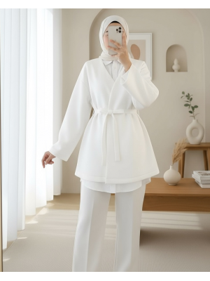 Beli Kuşaklı V Yaka  Scuba Kimono  -Beyaz