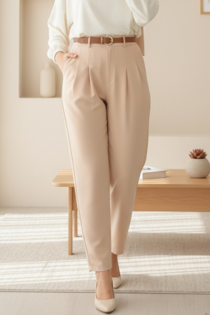 Pleated Pocket Belted Ankle Trousers - Beige