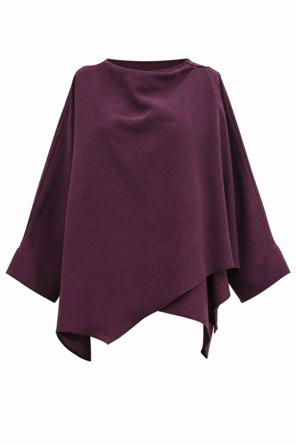 Button-Shoulder Batwing Sleeve Modal Kimono Poncho -Damson