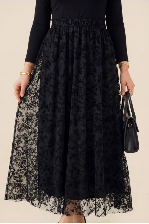 Beli Lastikli Flog Baskılı Astarlı Tül Etek -Siyah