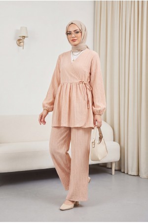 İçten Bağlamalı Tunik Bol Paça Pantolonlu Takım -Vizon
