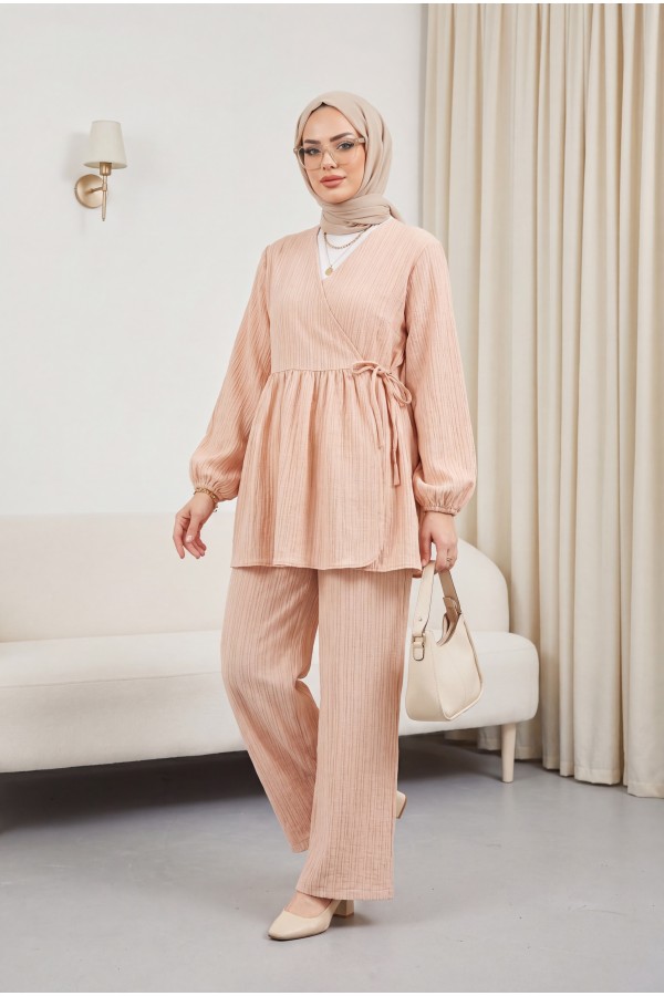 Internally Tied Tunic and Wide Leg Trousers Set -Mink color