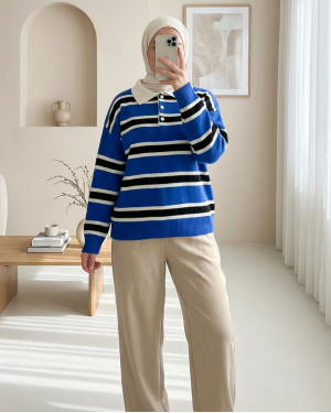 Polo Collar Buttoned Colorful Striped Knit Sweater  -Saxe 