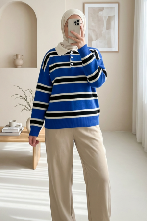 Polo Collar Buttoned Colorful Striped Knit Sweater  -Saxe 