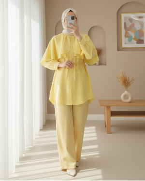 Dik Yaka Pelerin Detaylı Poplin Gömlek   -Sarı