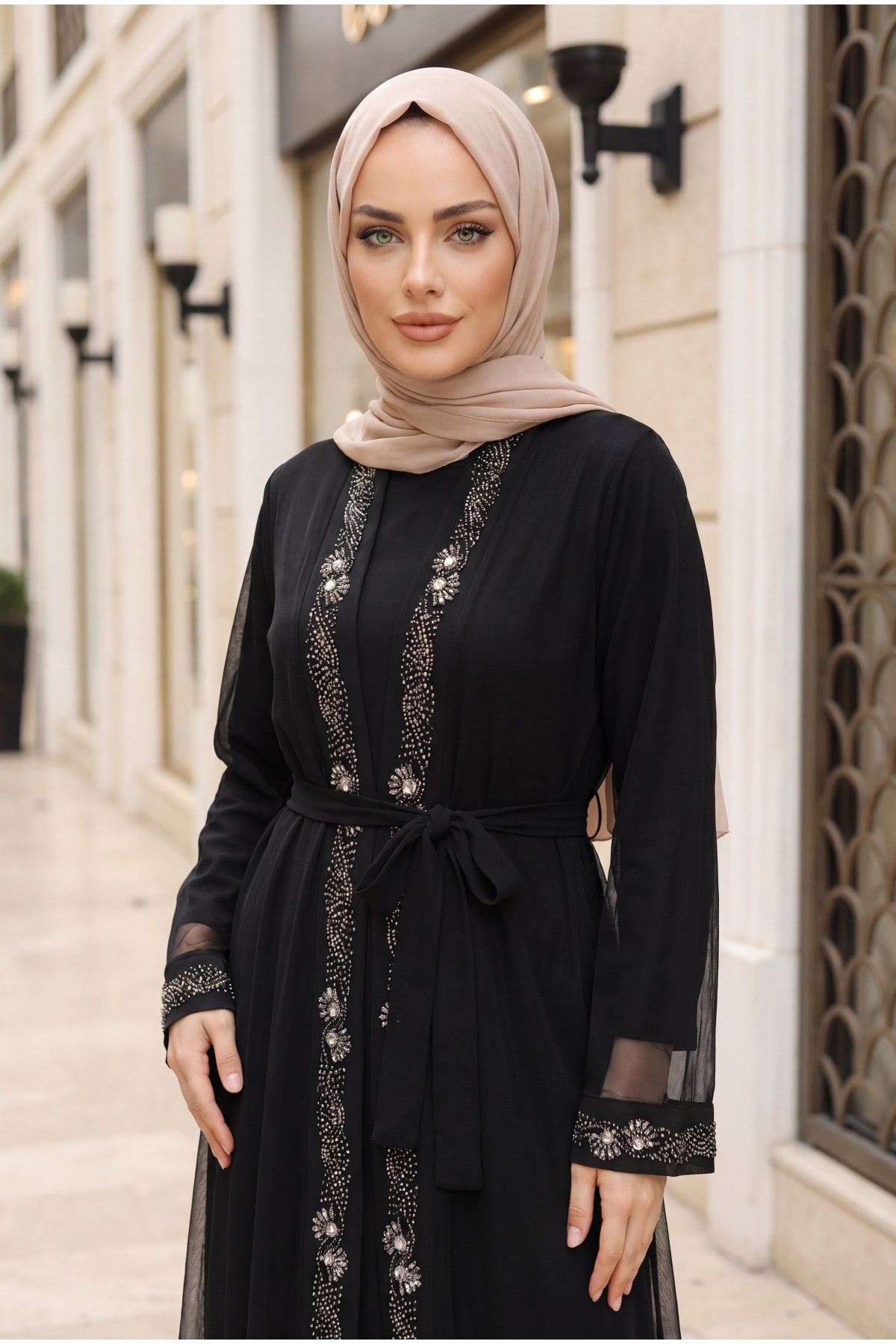 Manşetleri Taş İşlemeli Kemerli İkili Abaya Takım -Siyah