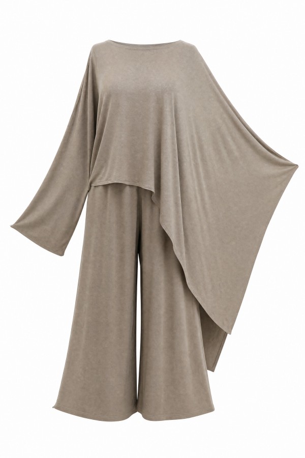 Asymmetrical Cut Trousers and Pocketed Loose Viscose Poncho Set -Mink color