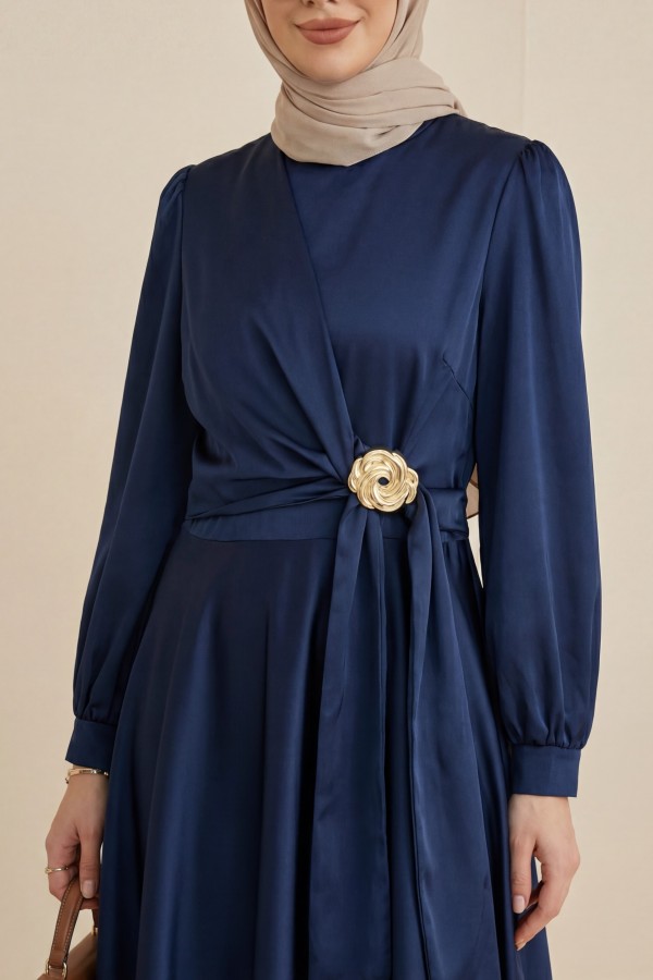 Satin Evening Dress with Side Tie and Buckle Waist -Navy blue