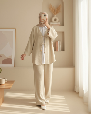 Kimono Set with Double Front Tie and Trousers - Beige