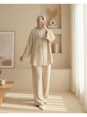 Önü Çift Bağlamalı Pantolonlu Kimono Takım -Bej