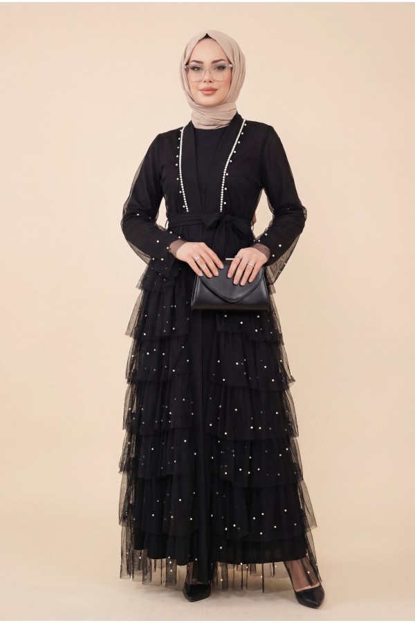 Tulle Abaya Set with Layered Skirt and Pearls -Black