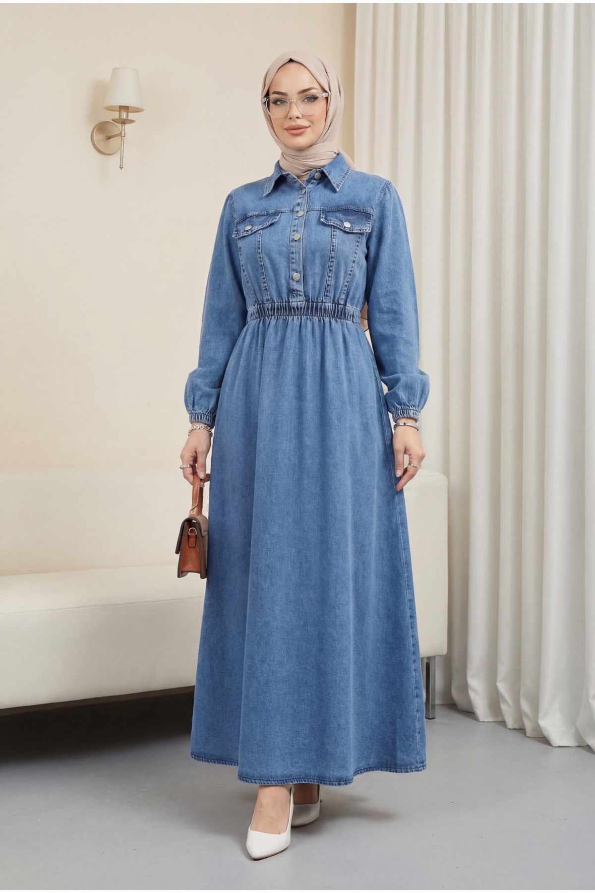Elastic Waist Half Button Denim Dress -Ice Blue