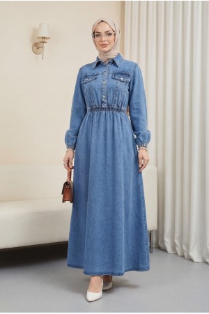 Beli Lastikli Yarım Düğmeli Kot Elbise -Buz Mavi