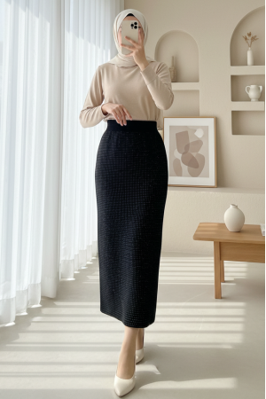 Taşlı Beli Lastikli Kalem Etek -Siyah