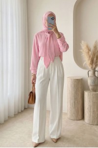 Yakası Bağlamalı Düğmeli Oversize Gömlek -Pembe