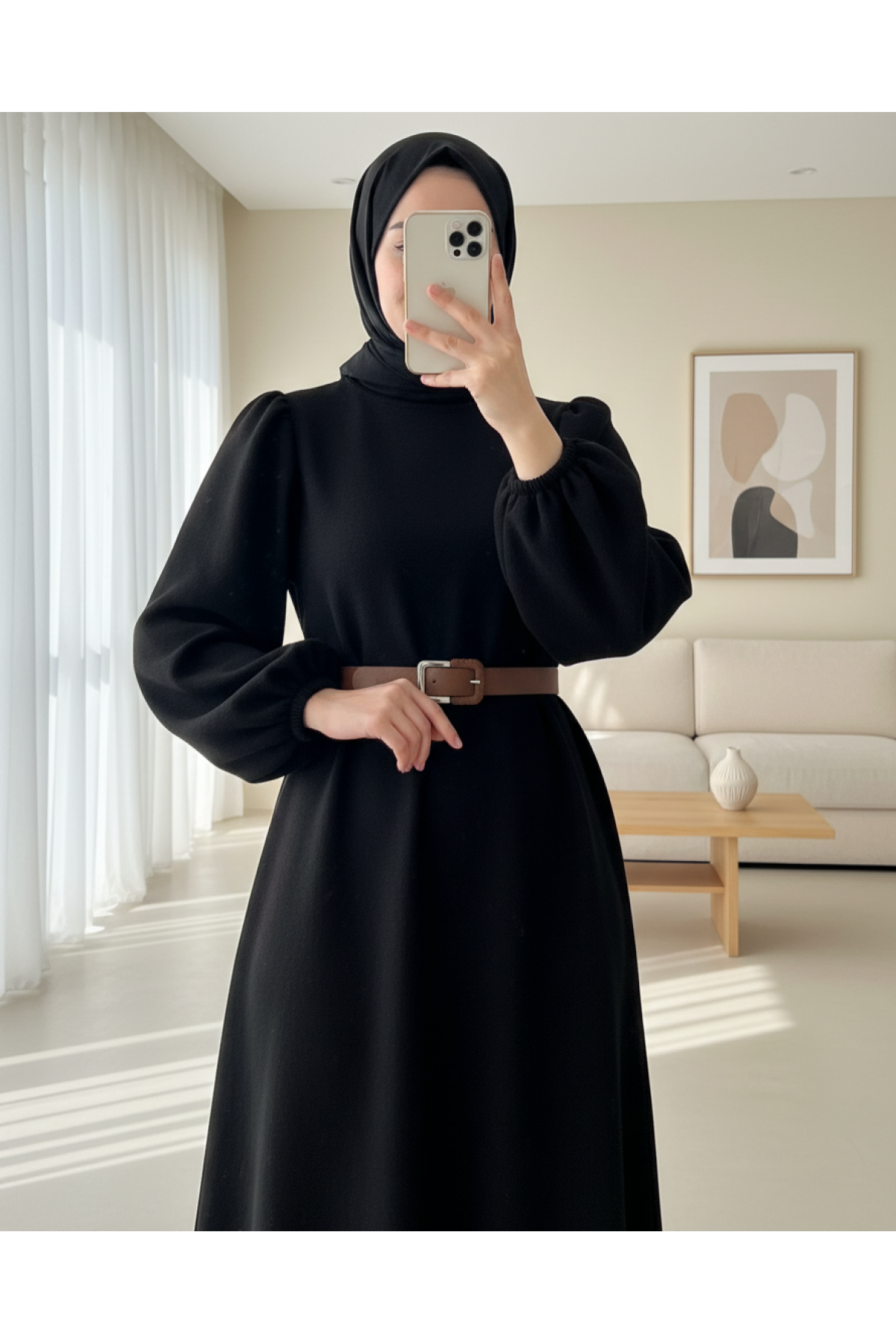 Thick  Belted Balloon Sleeve Selanik Dress -Black