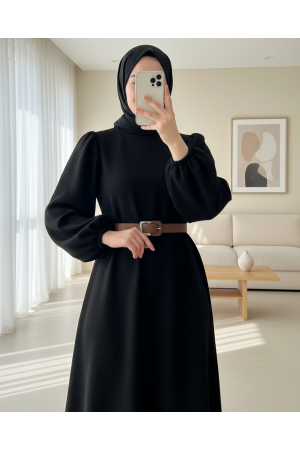 فستان سيلانيك بأكمام منفوخة  وحزام سميك -أسود
