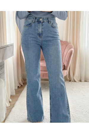 Cepli İspanyol Paça Likralı Fermuarlı Kot Pantolon -Buz Mavi