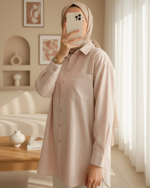 20217 Cep Detaylı Çizgili Oversize Gömlek - Bej