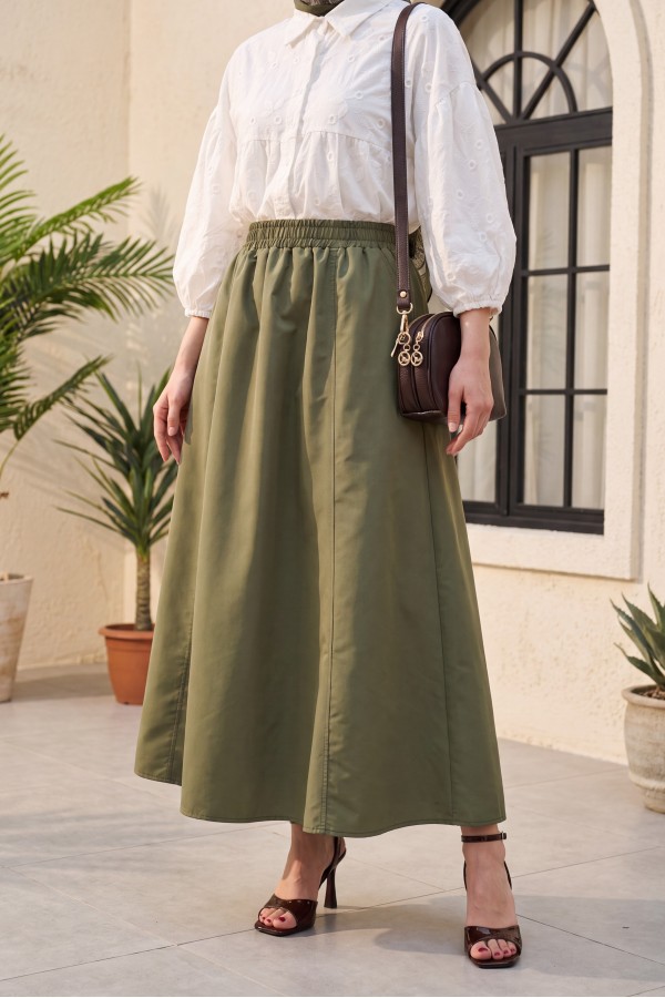 Elastic Waist Parachute Skirt with Pockets  -Khaki