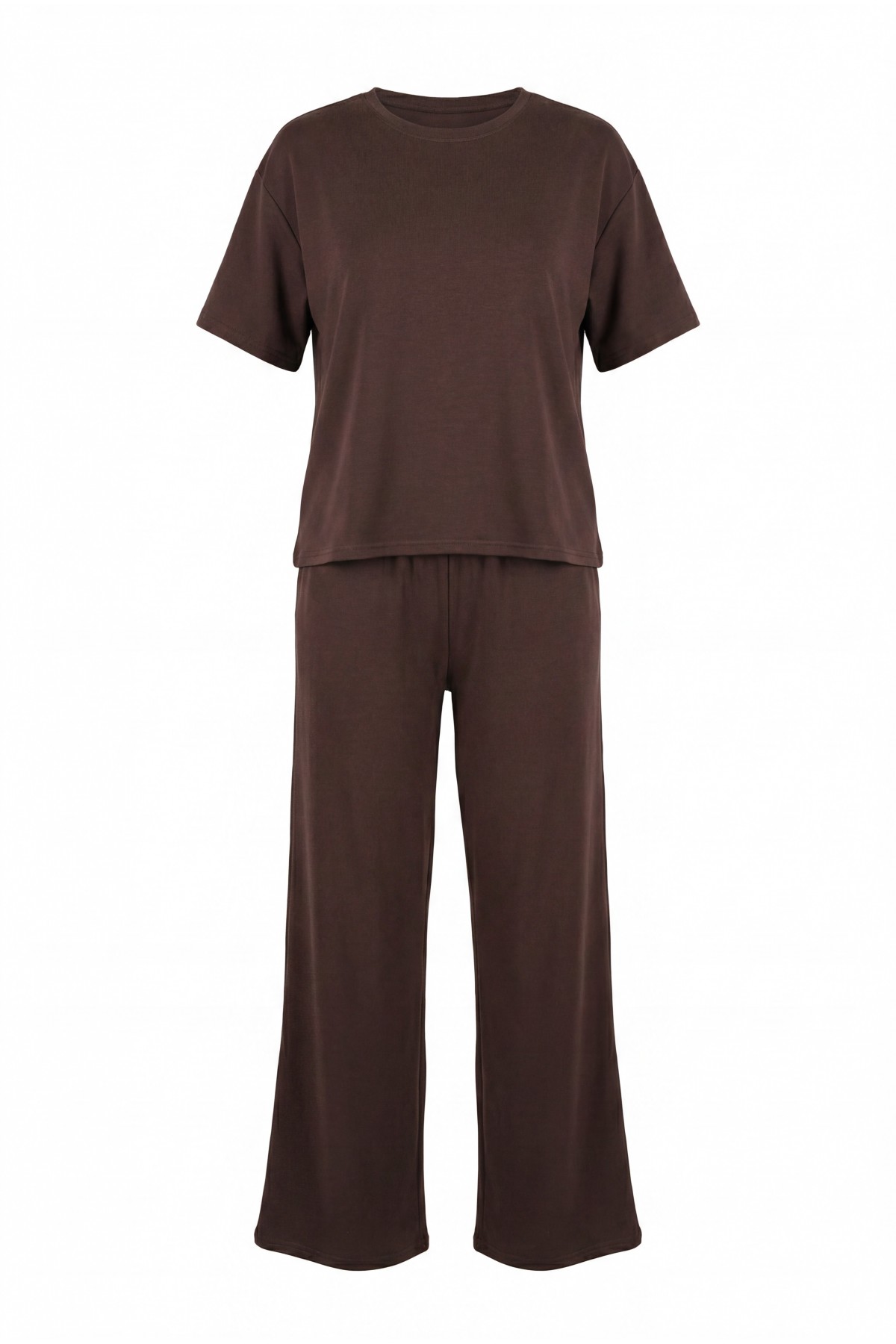 Crew Neck Short Sleeve Trousers with Pockets and Drawstring Waist Oysho Set -Dark Coffee detay görseli