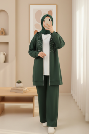 Kapşonlu Fermuarlı Önü İnci Ve Taş Detaylı Oyhso Takım -Haki