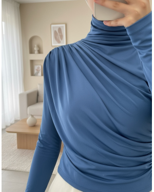 Half Neck Pleated Sandy Blouse        -İndigo