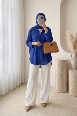 Çizgi Desen Oval Kesim Krinkıl Gömlek -Laci