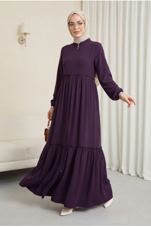 Parçalı Kolu Lastikli Boydan Fermuarlı Ferace -Mor