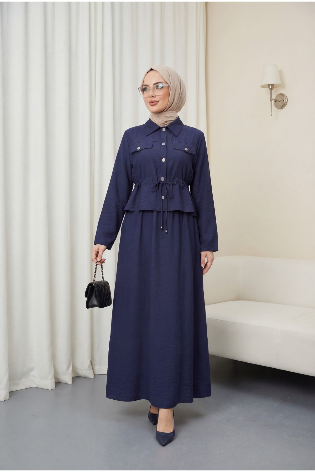 Metal Buttoned Waist Tied Shirt Vest Dress -Navy blue